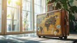 Vintage suitcase with travel stickers in sunlight.