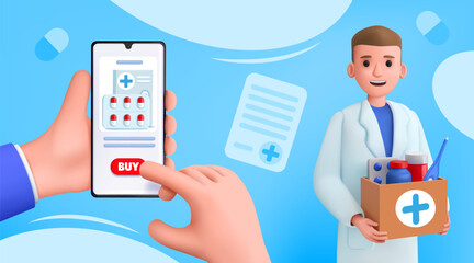 Aufkleber - Online pharmacy. Medicine prescription. Medical delivery from pharmacist. 3D doctor mobile consultation. Buy pill box in smartphone app. Internet medical treatment. Vector illustration
