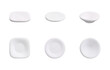 White plates 3D vector set, realistic plastic or ceramic food dish, kitchenware square round shapes, soup bowl utensils