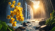 Cassia fistula (golden shower tree) during a rain shower near a waterfall, showcasing perfect water drops and splashes highlighted by studio lighting that creates a bokeh effect in the background