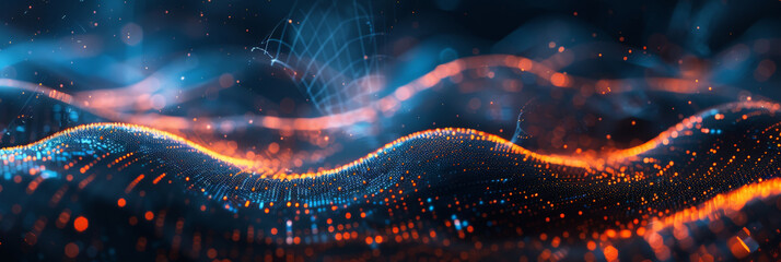 3d dark purple with blue neon lines wave dots representing digital binary data. Concept for big data, deep machine learning, artificial intelligence, business technology ,futuristic	