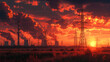 Sunset view of industrial power lines and cooling towers against a dramatic red sky