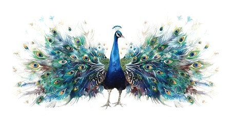 Canvas Print - Majestic peacock, feathers displayed in full glory, rich colors against white. 