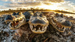 A group of alligators displaying their menacing jaws while basking in the sun