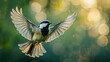 A bird with a black head and white wings is flying in the air. The bird is surrounded by a blurry background, which gives the image a dreamy, ethereal quality