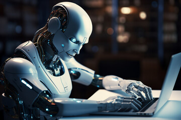 Hard working person in modern interior office programming writing web java script code AI technology generation