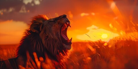 Poster - A Majestic Lion Roaring at Dramatic Sunset in the Savanna King of the Wild Asserting His Dominance