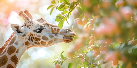 Sticker - Curious Giraffe Reaching Up to Treetop Leaves in Natural Outdoor Scene with Copy Space