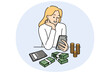 Smiling woman sit at desk count money manage budget. Happy female growing savings care about financial expenses. Finance and economy. Vector illustration.