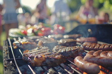 Wall Mural - Barbecue partyl in backyard, with close-up shots of delicious grilled food sizzling on the grill.