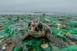 Tortue au milieu de la pollution et de déchets en plastique - les animaux souffrent de la pollution