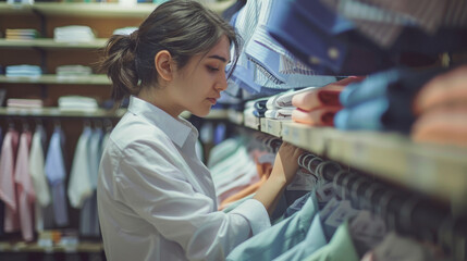 A woman is shopping for clothes in a store