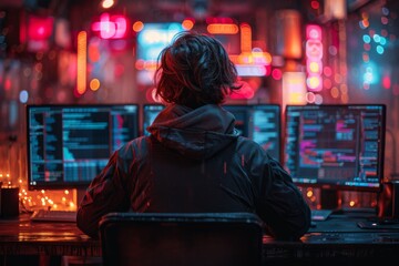 Wall Mural - Rear view of male hacker using computer with miltiple screens displaying lines of code and encrypted messages. Underground dealings and darknet concept
