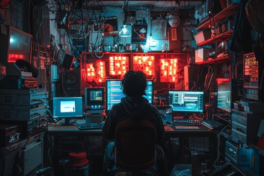 Back view of male hacker at multiple screens in a dimly lit room, decrypting code and messages. Unveiling underground operations in darknet realm