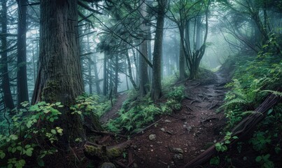 A cedar forest in the rain, nature background