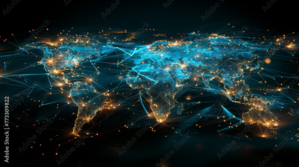 A close-up view of a world map network visualization, with points of ...