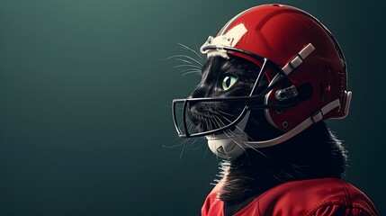 Tuxedo Cat Athlete Playing American Football in Red and White Jersey and Matching Helmet on Dark Green Studio Background