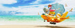 Cute orange airplane with luggage and beach accessories landing on beautiful sand beach. Summer travel concept background. 3D Rendering, 3D Illustration