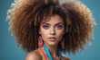 Portrait of a confident and radiant woman with curly hair styled in a voluminous afro, bold and colorful makeup, and a proud and determined expression , detailed