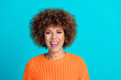 Photo of positive lovely cute hilarious woman wear trendy clothes have fun laugh isolated on blue color background