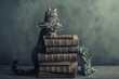 A whimsical depiction of a cat wearing a laurel wreath, sitting atop a pile of ancient, carved books, its tail cleverly forming the shape of a question mark.