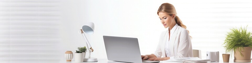 Nurse or doctor using a laptop for medical records on a white desk with a blurred background, in banner format. Web banner with copy space. Medical Web banner