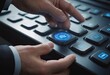 © Алексей Ковалев - Businessman pressing business type of modern buttons with virtual background