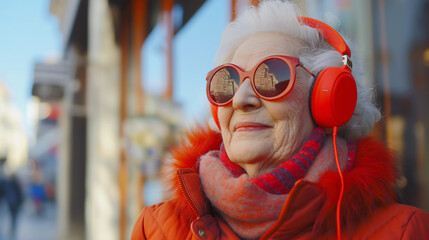 Wall Mural - Cool grandma in headphones and sunglasses enjoys a walk.