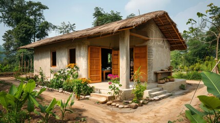 Wall Mural - A small house with a thatched roof and a porch. The house is surrounded by a garden with flowers and plants