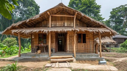 Wall Mural - A small house with a thatched roof and wooden floors. The house is surrounded by trees and has a porch