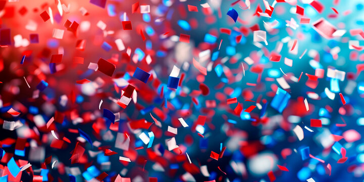 Vibrant patriotic background with red, white, and blue confetti. Concept of American President election 