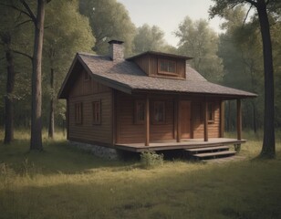 Holiday apartment - wooden cottage in forest in early spring with green grass on back yard and forest in background