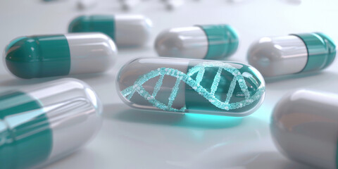 Wall Mural -  A white and green teal pill with DNA structure inside, gen dna repair , healthy concept