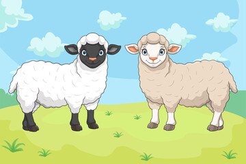 Cartoon black and white sheep on white background