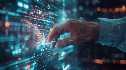 Hands of a man on a dark background using a virtual screen