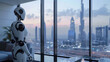 3d rendering humanoid robot working in modern office with cityscape background