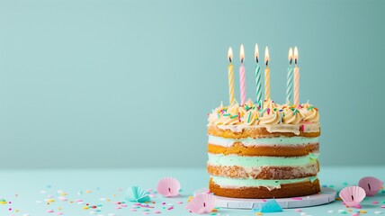 Birthday cake with 3 candles on pastel blue background with copy space