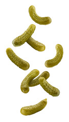 Wall Mural - falling marinated pickled cucumbers isolated on white background, full depth of field