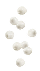 Wall Mural - falling mozzarella cheese isolated on white background, full depth of field