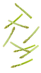 Wall Mural - Falling asparagus isolated on white background, full depth of field