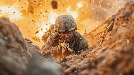 Wall Mural - A soldier with a machine gun in a trench in a combat position during a combat mission