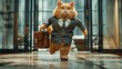 A plump cute red cat in a business suit with a tie and a business briefcase in his hand runs into an office building. AI generation.
