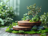 Fototapeta Abstrakcje - Wooden podium product display in greenery, leaves and flowers, over the nature background, eco product advertisement