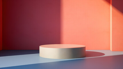 Sticker - Pedestal in colorful room with shadows on the wall. Rich colored podium scene for product display.