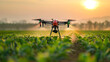 iot smart agriculture industry 4.0 concept. Agriculture drone flying to spray a water, fertilizer or chemical on the field.Technology innovation in agricultural industry, smart farming