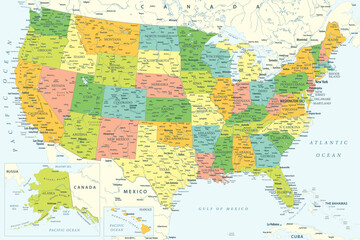 Wall Mural - United States - Highly Detailed Colored Vector Map of the USA. Ideally for the Print Posters.