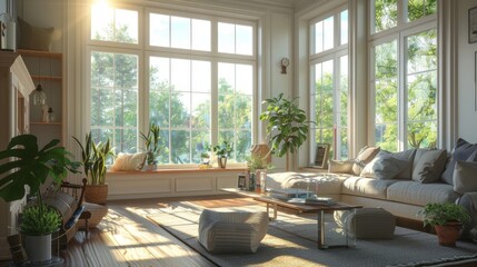 living room with many windows. 3d render. generative ai