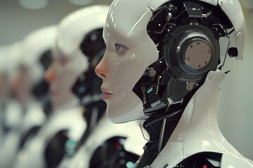 close-up of humanoid robots with detailed mechanics visible.