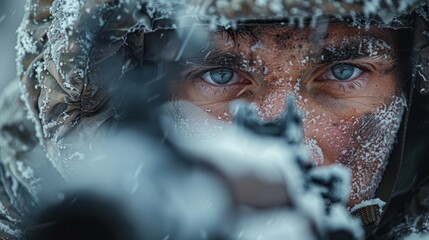 Wall Mural - A soldier with a machine gun in a trench in a combat position during a combat mission in winter