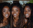 Outdoor Portrait of three happy young smiling african american teenage girls posing together. The photo has a candid and spontaneous feel, capturing the joy and camaraderie of the group.
